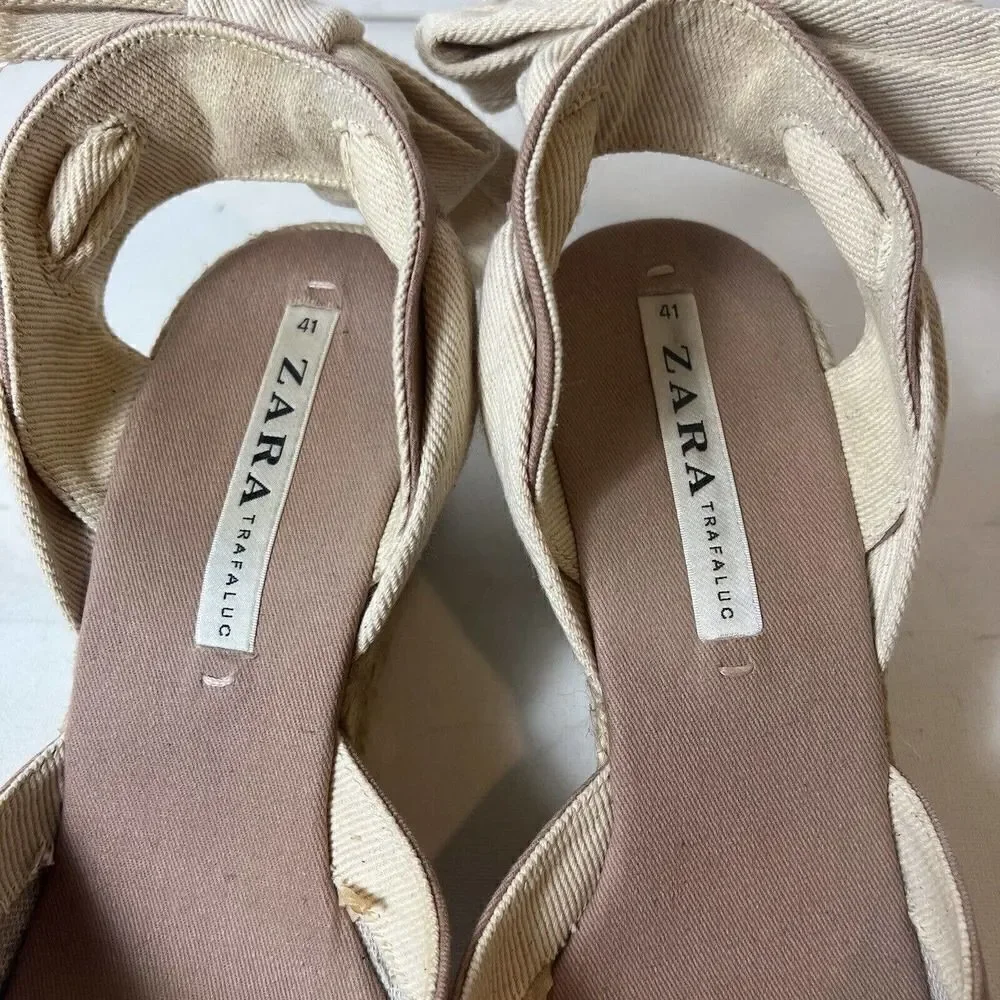 Zara Trafaluc Tan Dusty Rose Espadrille Tie Up Wedges Womens Sz EU 41 US 10-10.5